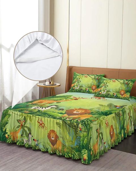 Юбка-кровать, эластичное покрывало с изображением тропических джунглей, мультяшным животным львом и наволочками, наматрасник, комплект постельного белья, простыня