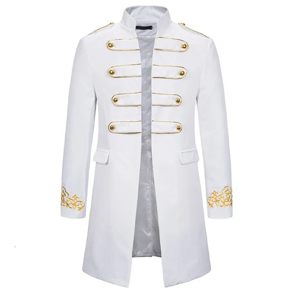 Weiß Stehkragen Stickerei Blazer Männer Militär Kleid Smoking Anzug Jacke Nachtclub Bühne Cosplay Masculino 240201