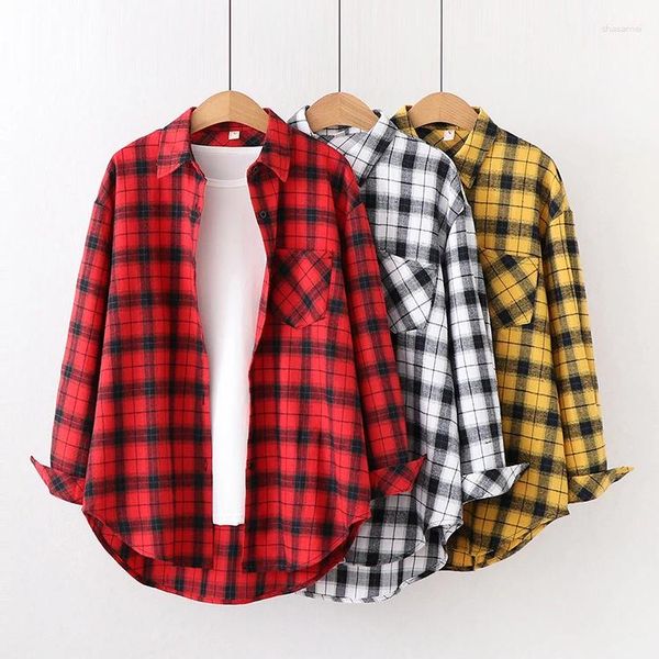 Frauen Blusen 2024 Frühling Herbst Plaid Shirts Lose Beiläufige Flanell Weibliche Lange Ärmel Und Tops Damen Baumwolle Karierte Kleidung