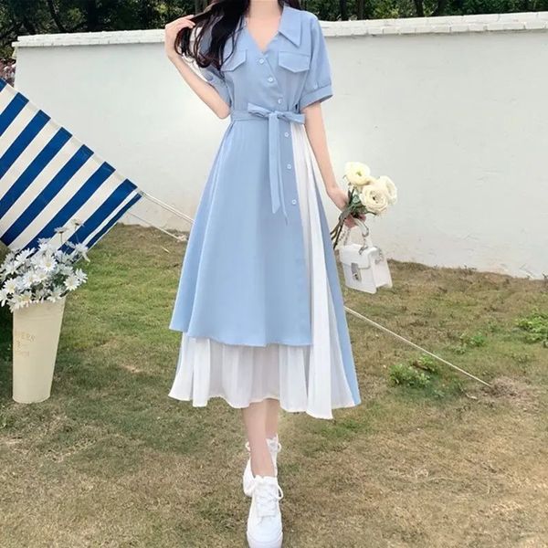 V-Ausschnitt langes Kleid koreanische Mode Robe Playa Sommerkleid Damen 2024 lässig Stadttrend elegantes Kleid Basic 240210