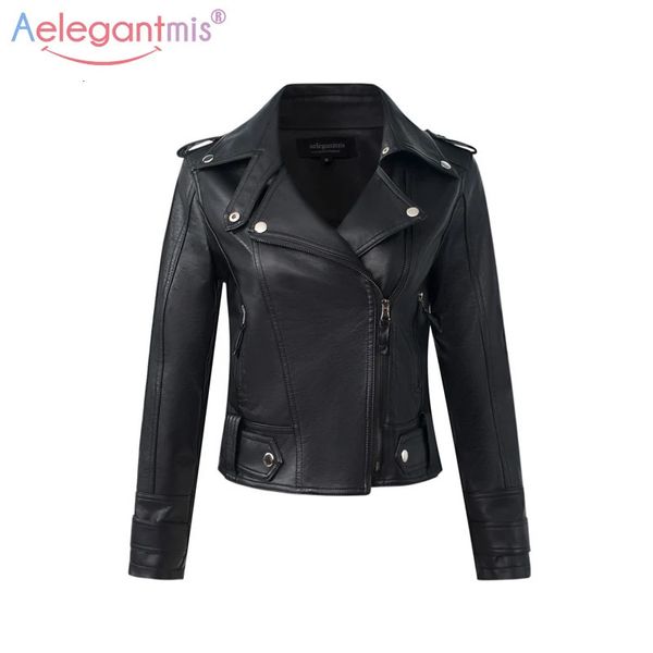 Aelegantmis moda jaqueta de couro do plutônio feminino fino curto motocicleta jaquetas casaco de couro macio senhora outono inverno básico outerwear 240124