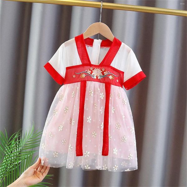 Kız elbiseler çocuklar yürümeye başlayan çocuk bebek kız kızlar peri hanfu kısa kollu çiçek baskı tül elbise doğum günü kıyafetleri t shirt elastik