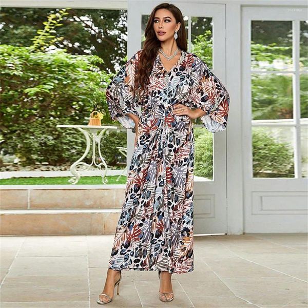 Roupas étnicas Moda Mulheres Muçulmanas Cetim Floral Impressão Casual Long Maxi Vestido Holiday Party Vestido Kaftan Árabe Islâmico Robe Femme Vestidos