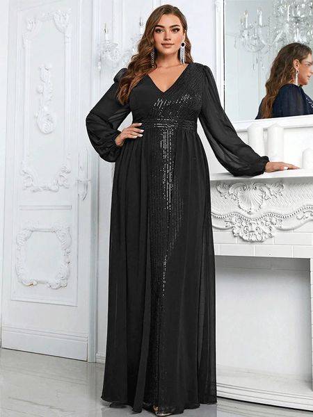 Plus Size V-Ausschnitt, mehrfarbiges Chiffon-Pailletten-Panel-Kleid, große Größe, lockeres, elegantes, sommerliches, langes Abendkleid 240129