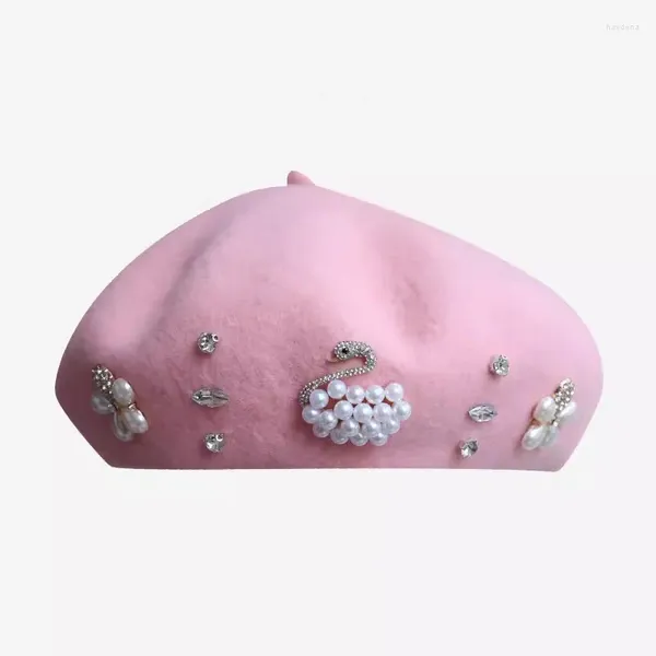 Berets 202412-shi Wolle Ins Chic Winter Perle Blumendekoration ist elegant Schöne Dame Baskenmütze Frauen Freizeit Maler Hut