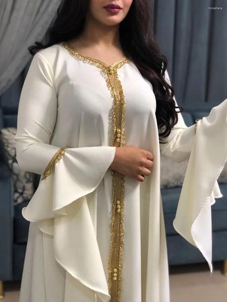 Abbigliamento etnico Eid Mubarak Caftano Dubai Abaya Turchia Musulmano Manica con volant Scollo a V Nastro dorato Abito lungo Jalabiyat Ramadan da donna