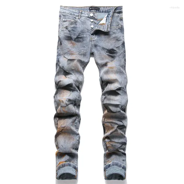 Herren Jeans Hellblau Gerade Mitteltaille Stretch Slim Trend Sprühfarbe Bleistifthose 2024 Lässiger Hip Hop Denim