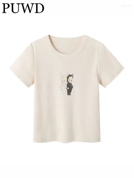 T-shirt da donna PUWD in morbido cotone beige Cartoon stampato T-shirt corte 2024 Summer Fashion Ladies O Neck maniche Vintage Women Chic Tops