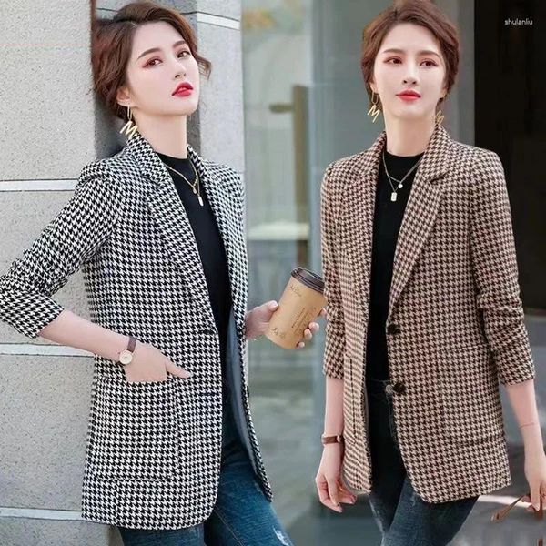 Ternos femininos 2024 tamanho grande xadrez blazers mulheres jaqueta 5xl primavera outono terno fino outerwear coreano entalhado colarinho único breasted tops