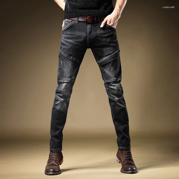 Jeans masculinos Autumn Moto Biker Men Black Moda Moda Patchwork Straight Slim Fit