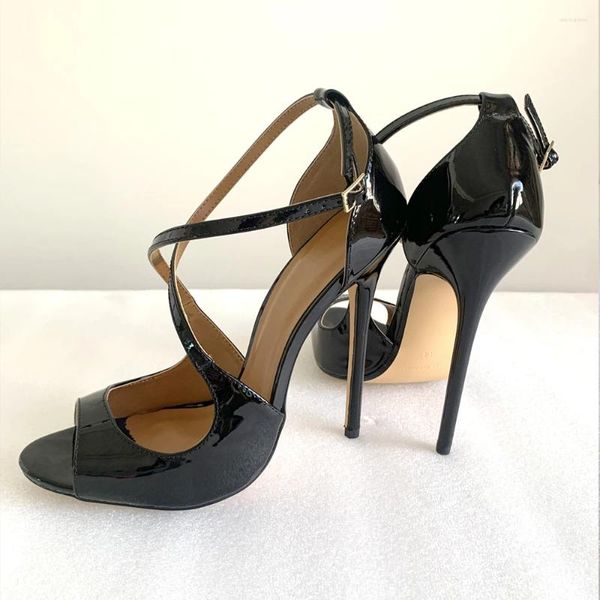 Sandalen Frau Kreuz 13-15 cm Große Größe 48 High Heels Offene spitze frauen Patent Leder Stiletto Pumps alias Römischen Stil