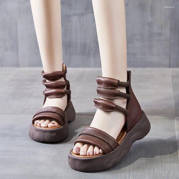 Sandálias 5cm couro genuíno britânico retro plataforma zip autêntico verão mulheres elegância designer romano oco tornozelo botas sapatos