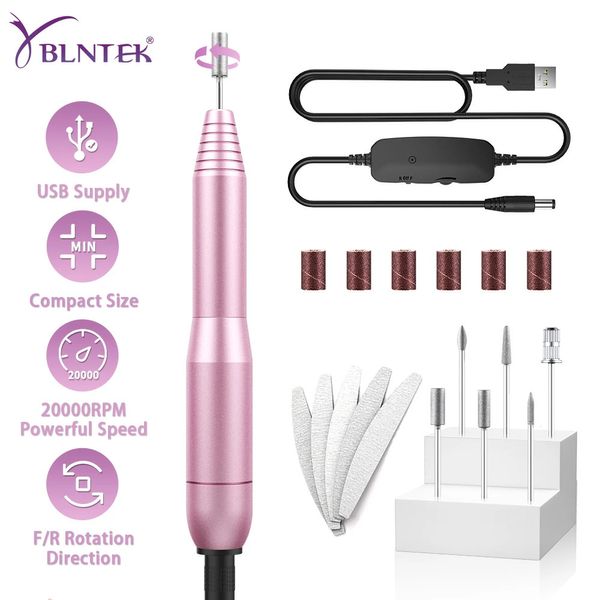 YBLNTEK электрическая USB-сверла для ногтей, 20000 об/мин, маникюрные и педикюрные фрезы, пилочка для акриловых ногтей, инструменты для полировки гелем, 240127