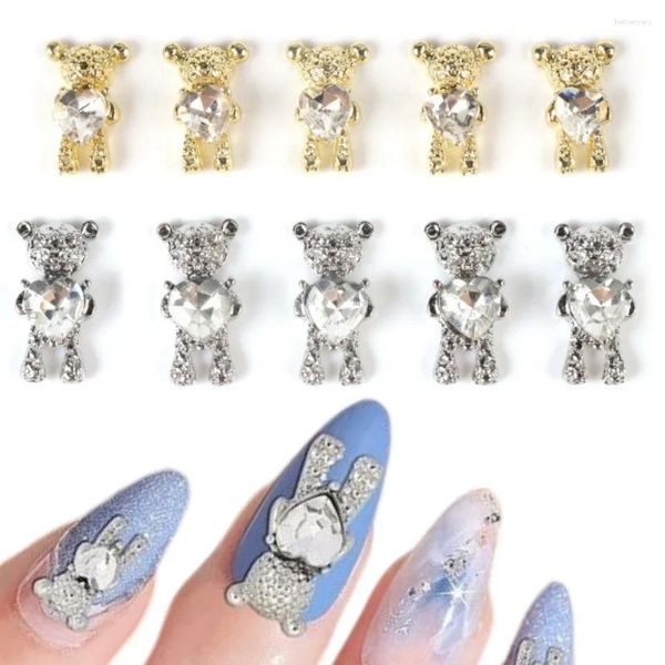 Nail Art Dekorationen 10 Stück 3D Charms Kawaii silbrig Metall Bär Herz Kristall Strass Dekoration Zubehör Maniküre Zubehör Teile