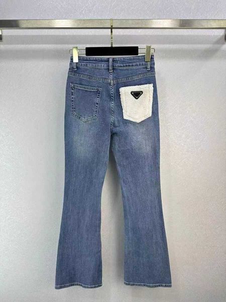 Calças de brim femininas de luxo marca 2024 moda triângulo marca feminina azul cintura alta rua wear perna larga jean calças femininas calças jeans retas