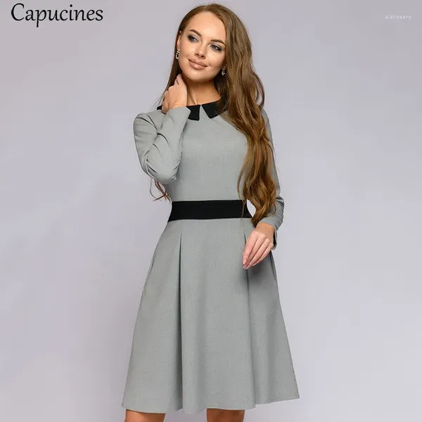 Casual Kleider Capucines Damen Mode Spleißen Schärpen Herbst Kleid Frauen Peter Pan Kragen Langarm A-Line Mini Party Femme