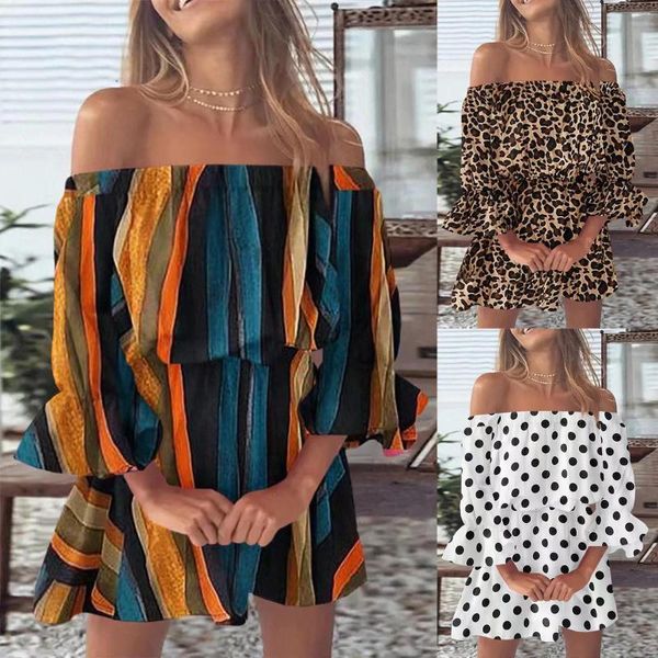 Lässige Kleider, Leopardenmuster, Kleid für Frauen, elegant, sexy, schulterfrei, Tunika, Strand-Sommerkleider, Sommer, lockere Passform, Glockenärmel, Mini