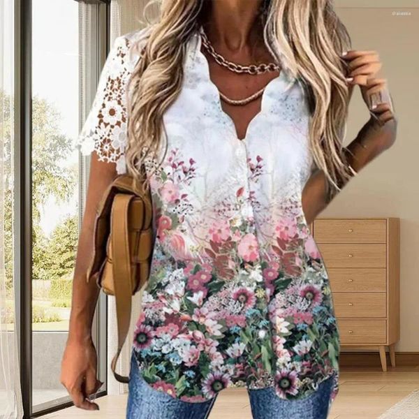 Blusas femininas de peito único bonito decote em v mulheres blusa de verão comprimento médio roupas de renda