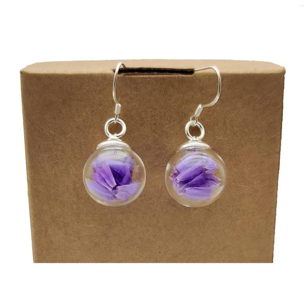 Orecchini pendenti Viola Non ti scordar di me Statice Fiori veri Sterling 925 Argento Ago Goccia per le donne Boho Gioielli di moda Bohemien