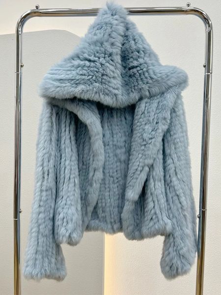 Outono inverno feminino real casaco de pele de coelho 100% natural casaco de pele solto manual tecer qualidade streetwear com capuz mangas alargamento 240125