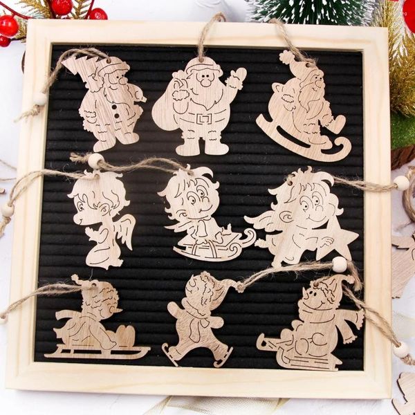 Weihnachtsdekorationen 6PCS Holzanhänger Karton Weihnachtsmann Schneemann Hängende Ornamente Holzhandwerk für Baum DIY Geschenke