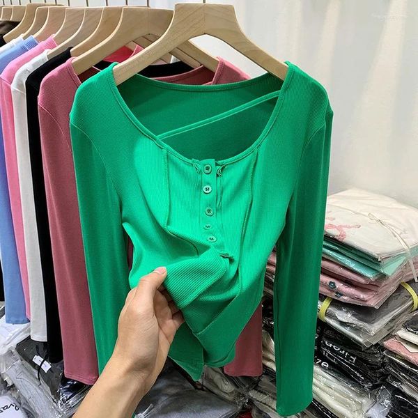 T-shirt da donna Bottoni Camicia a maniche lunghe con scollo a V Donna Top sexy a costine 2024 Primavera Casual Skinny Slim Basic Donna Rosa Verde