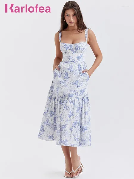 Vestidos casuais karlofea alta qualidade impressão uma linha midi vestido adorável moda jardim festa férias roupas chiques roupas de verão para mulheres