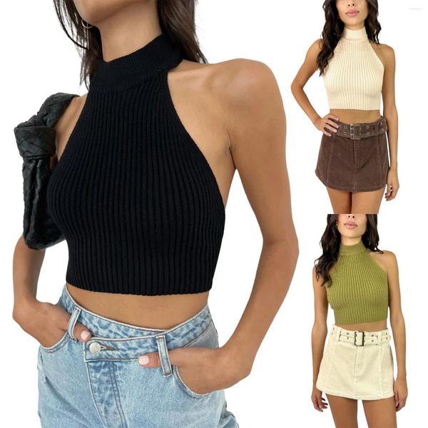 Damen-Tanks, geripptes Strick-Rollkragen-Tanktop, sexy rückenfreie, ärmellose Crop-Tops, feste Bandage, Neckholder, Streetwear