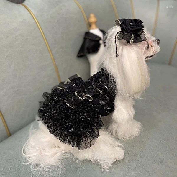 Vestuário para cães roupas artesanais roupas para animais de estimação vestido manto acessórios de cabelo conjuntos dourado preto tule em camadas saia tutu elegante festa de uma peça