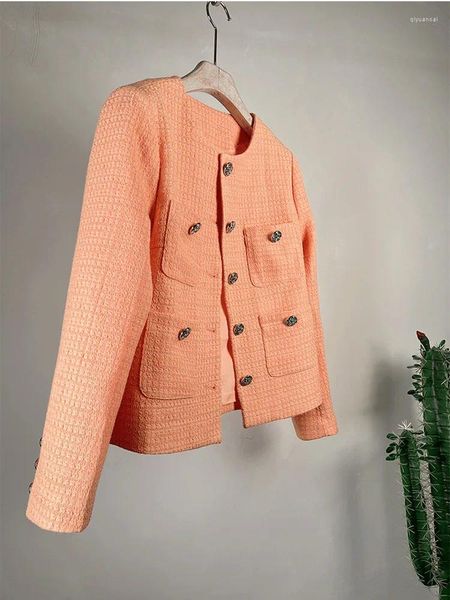 Jaquetas femininas de luxo escritório senhoras jaqueta superior 2024 primavera laranja tweed com decote em v elegante curto fino pequeno perfumado casaco coreano