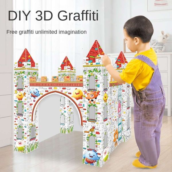 Jogos de festa artesanato jardim de infância desenho graffiti casa de papelão crianças diy tridimensional castelo modelo caixa de presente 6 brinquedos 1