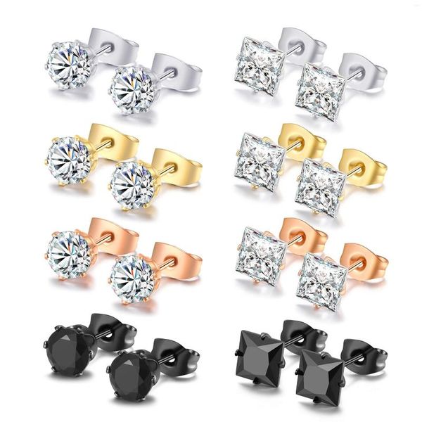 Ohrstecker, 8 Paar, Edelstahl, CZ, für Männer und Frauen, Ohrpiercing, rund, quadratisch, Zirkonia, Set 3–8 mm