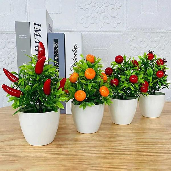 Dekorative Blumen YOMDID Künstliche Pflanze Bonsai Orange Granatapfel Obstbaum Fensterbank Dekor Kunststoff Fake Topf Home Raumdekoration