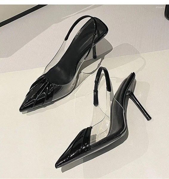 Sandalet 2024 Yaz Kadın Topuklar Marka Tasarımı Saç Pompalı Slingbacks Highed Toe Şeffaf Slingbacks Seksi Parti Kulübü Siyah Pompalar Üzerinde Kayma