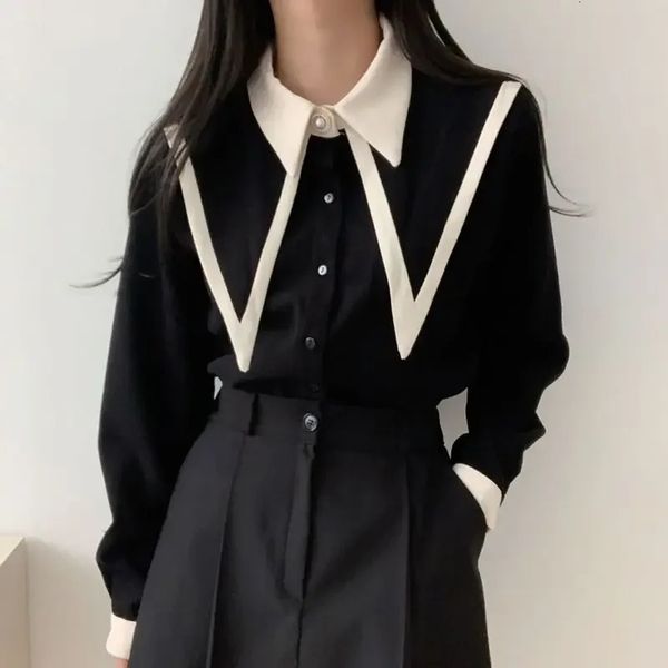 Blusas elegantes femininas estilo coreano, camisa preta com botões, roupa de escritório para profissional, manga comprida, moda feminina 240130