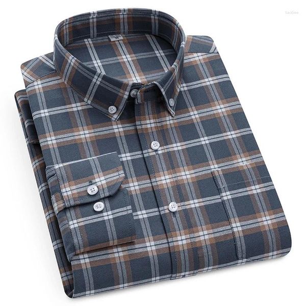 Camisas de vestido masculinas 2024 algodão oxford para homem manga longa macio verificado botão-para baixo ajuste regular xadrez casual camisa sólida 4xl-5xl