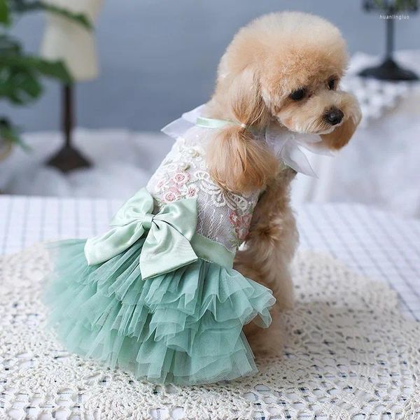 Hundebekleidung, modisches Design, handgefertigte Kleidung, niedliche Prinzessin, Haustierkleid, Stickerei, Blumen, durchbrochene Spitze, große Schleife, Schichten, Tüllrock, Tutu