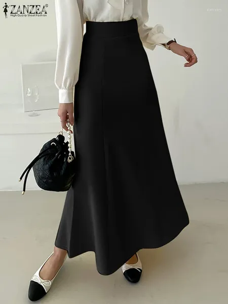 Saias Zanzea Moda Mulheres A-Linha Maxi Saia Alta Wasit Elegante Patchwork Cor Sólida Coreano Casual Office Lady Long Jupes