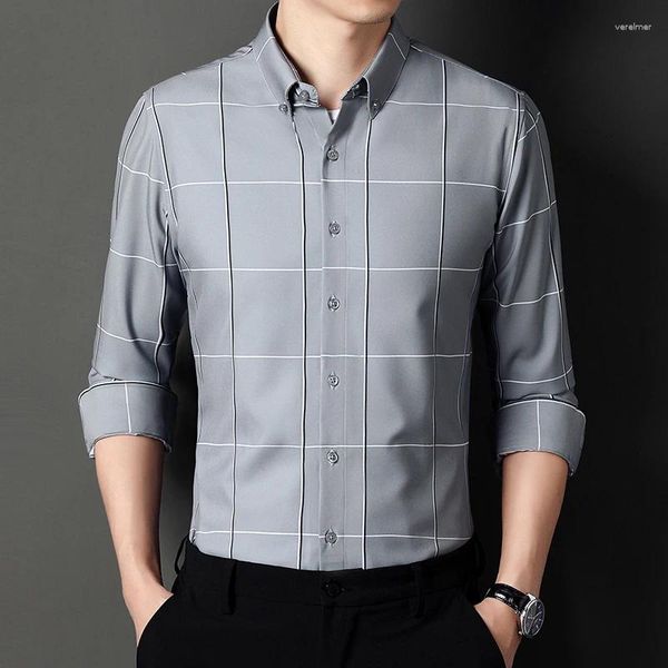 Camisas de vestido masculinas elegante manga longa xadrez primavera outono negócios casual polo-pescoço all-match roupas comute single-breasted