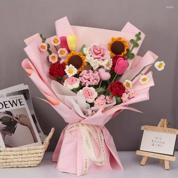 Dekorative Blumen, DIY fertiges Garn, handgefertigter Blumenstrauß aus Maiglöckchen, ewige Rose, Sonnenblumenmaterial, Häkeln, Weben, Geschenkherstellung