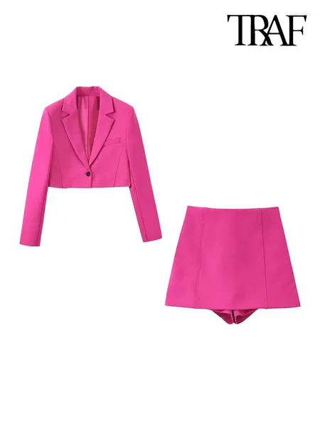 Mulheres Tracksuits Traf Mulheres Moda Botão Frontal Cropped Blazer Casaco e Cintura Alta Zíper Lateral Shorts Saias Feminino Dois Peça Define Mujer