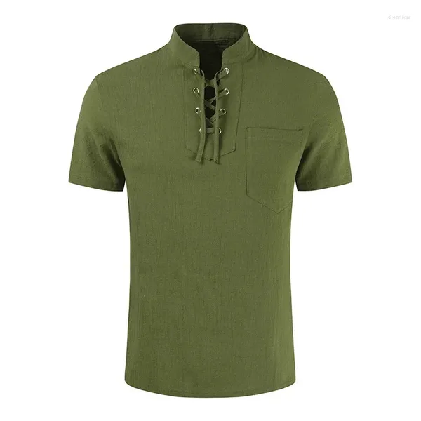 Camicie da uomo 2024 Summer Stand Collar Straped Lace su manica corta Maglietta di colore Solido Casualmente Maglietta maschio Elegante Tshirt Retrò