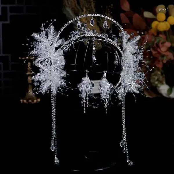 Grampos de cabelo estilo chinês laço cristal borla nupcial tiara acessórios de casamento para mulheres cor prata coroa presente