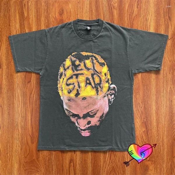 T-shirt da uomo 2024 Grafica gialla Hellstar Rodman Tee Uomo Donna T-shirt con stampa logora Hip Hop Manica corta grigia Girocollo Top