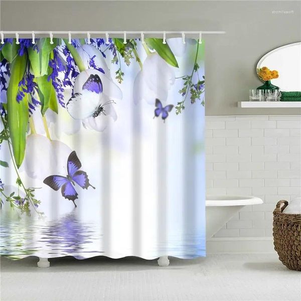 Tende da doccia Fiori e piante Alberi Lavanda Loto Buddha Stampa Decorativa per la casa Bagno Tenda impermeabile con gancio