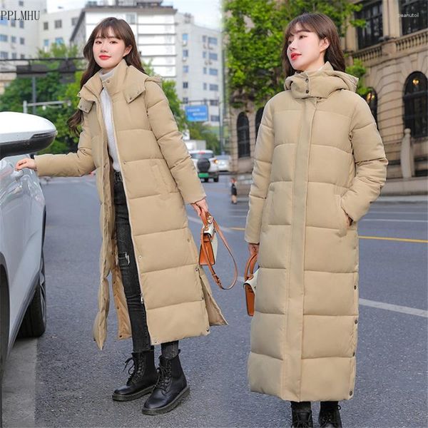 Casacos de trincheira femininos casacos casuais neve usar com capuz longo parkas frio outwears topos coreano quente grosso sobretudos inverno algodão acolchoado