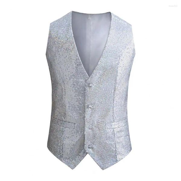 Gilet da uomo Gilet con paillettes lucide senza maniche Slim Fit aperto monopetto con scollo a V Presentatore di spettacoli teatrali