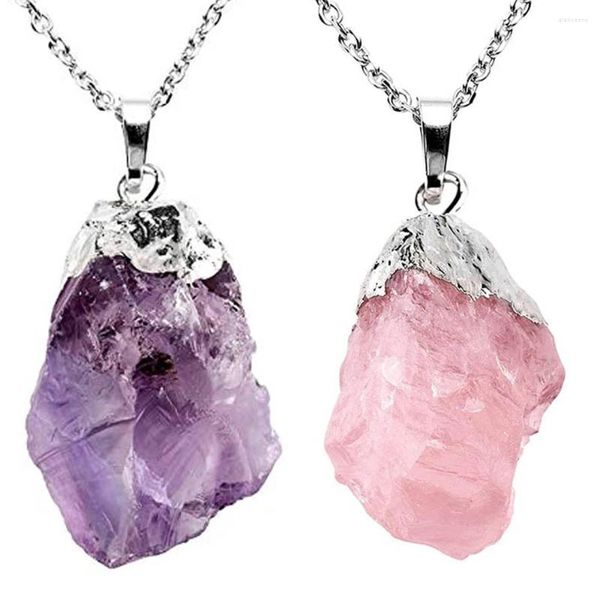 Anhänger Halsketten Natürlicher Amethyst Rosenquarz Rohstein Unregelmäßiger Chakra-Heiledelstein Silberfarbene Kantenhalskette Frauen Geburtstagsgeschenk