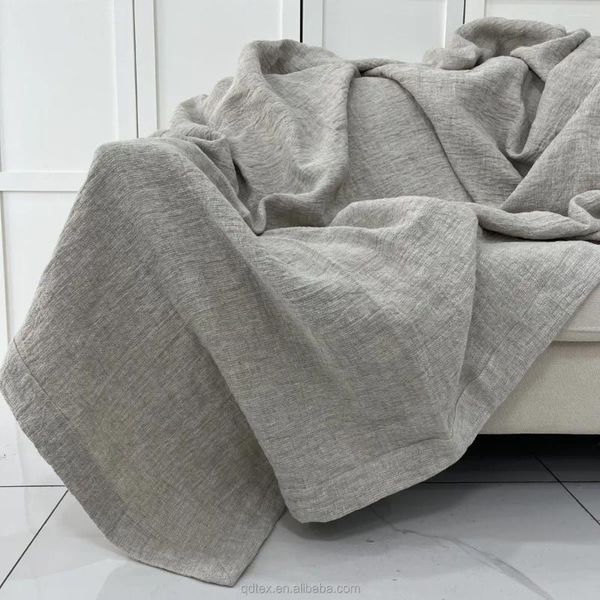 Coperte Coperta spessa in lino, tessuto a 2 strati, logo personalizzato pesante, puro letto francese lavato in pietra