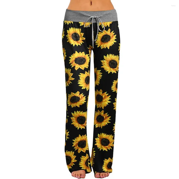 Pantaloni da donna Pantaloni da salotto palazzo con coulisse, comodi elasticizzati, gamba larga, stampa girasole, streetwear oversize